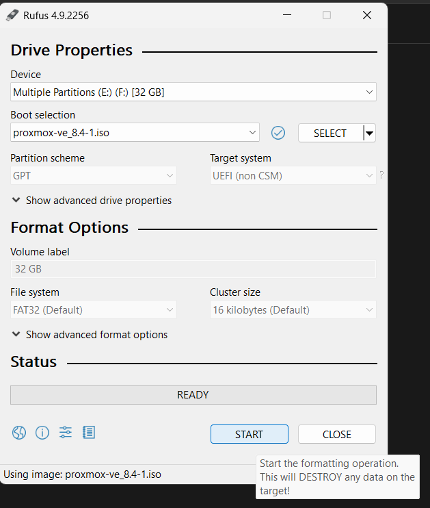 Rufus configuration for flashing Proxmox ISO to USB