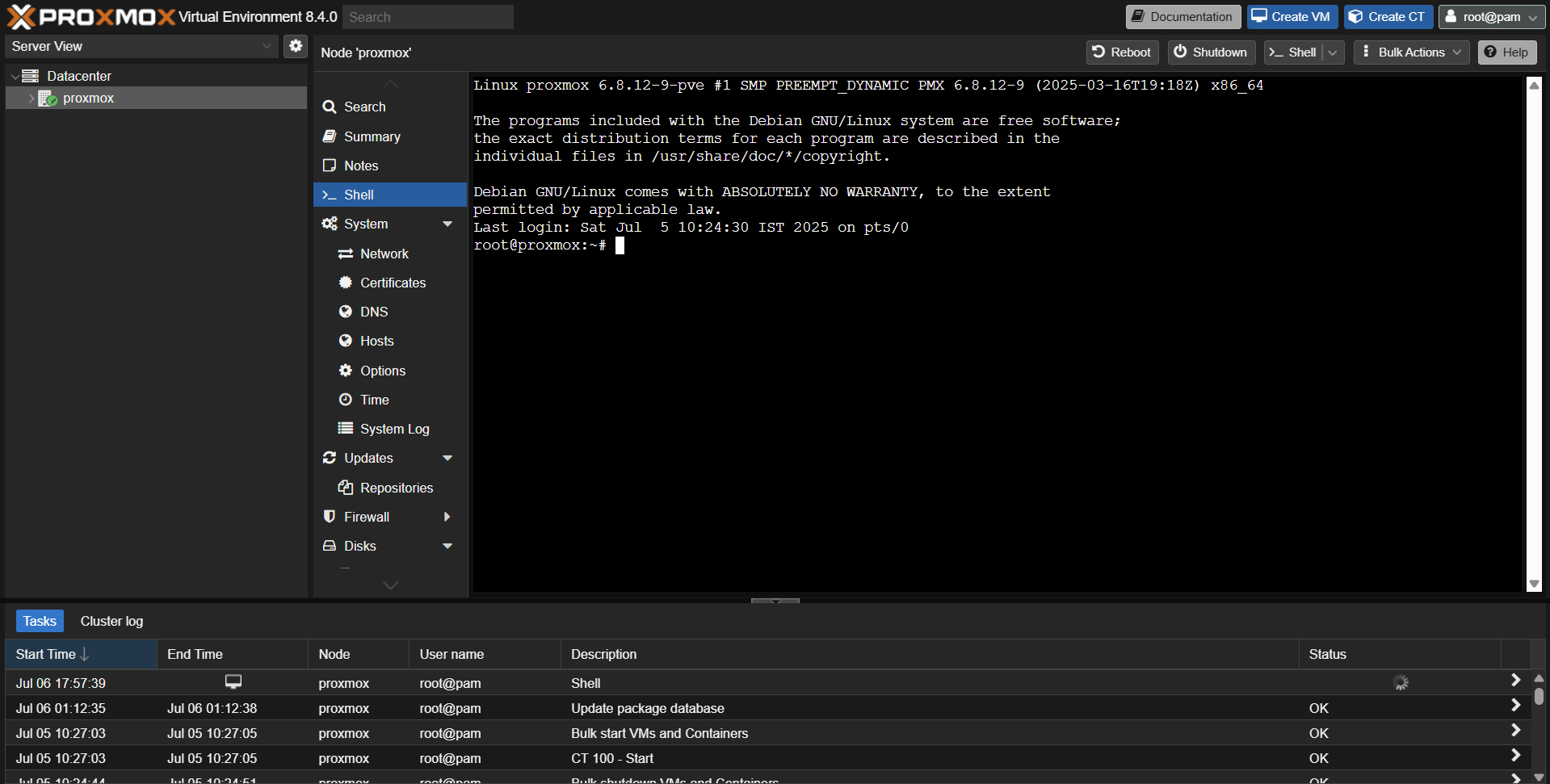 Proxmox VE web interface showing terminal shell access after login