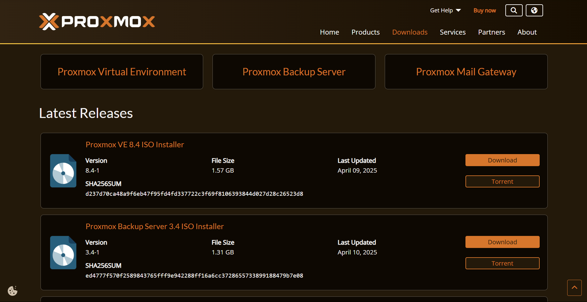 Proxmox VE ISO Download Page showing version 8.4.1